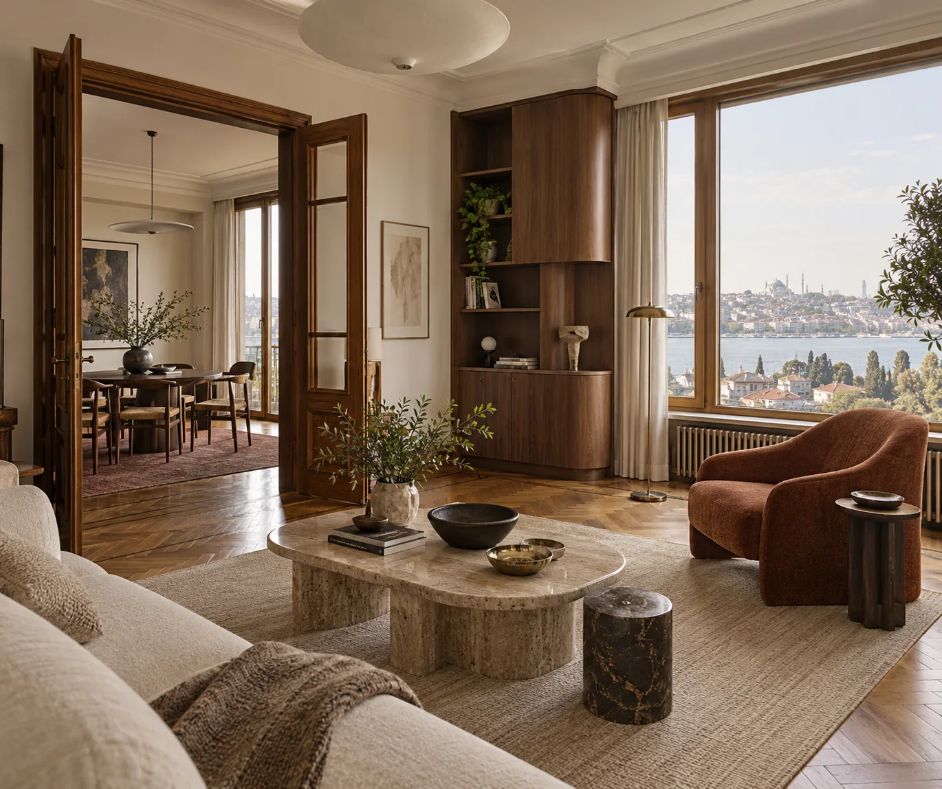 Restore edilen parke ve çağdaş ahşap detaylarla yenilenmiş bir iç mekân